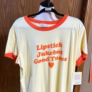 LuLaRoe Yellow Tee with Orange Ringer & Graphic
